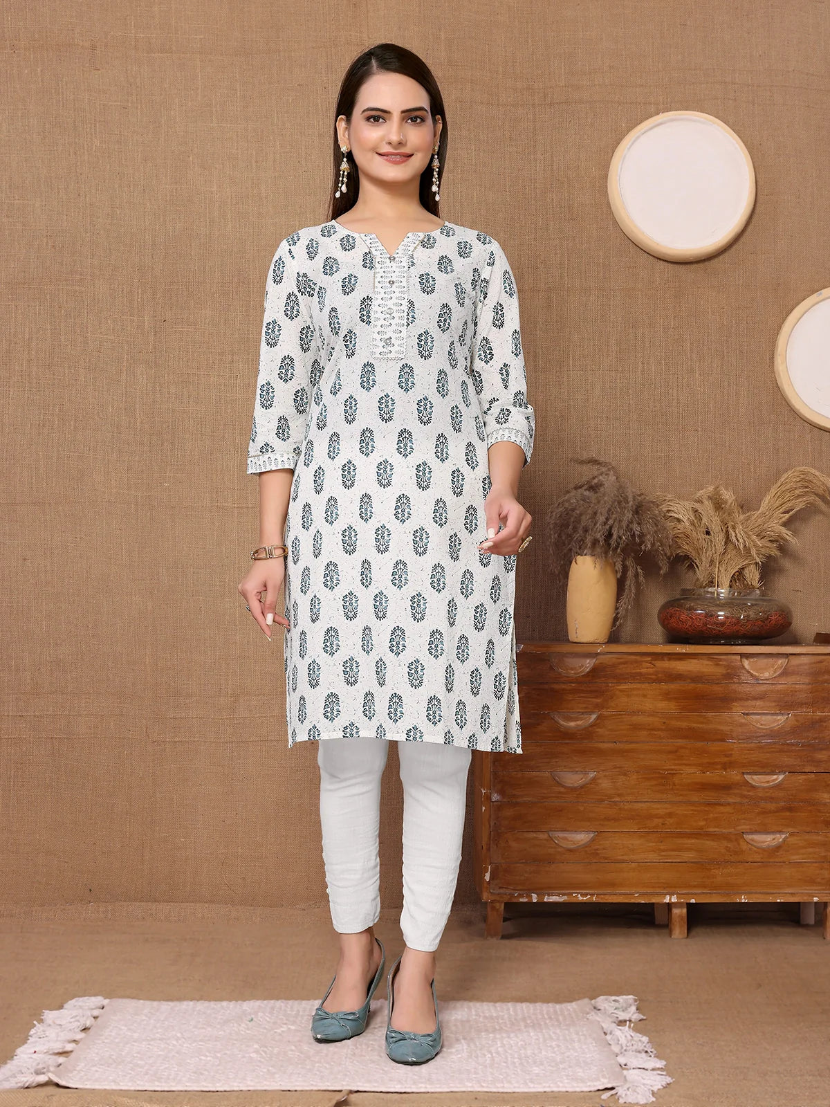 Buy Cotton Printed Knee Length Straight Kurta-Off White