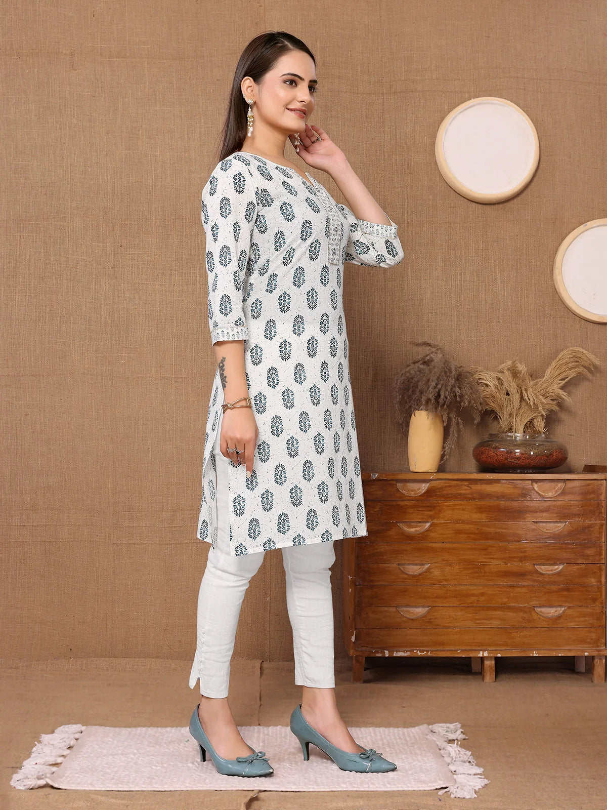 Buy Cotton Printed Knee Length Straight Kurta-Off White