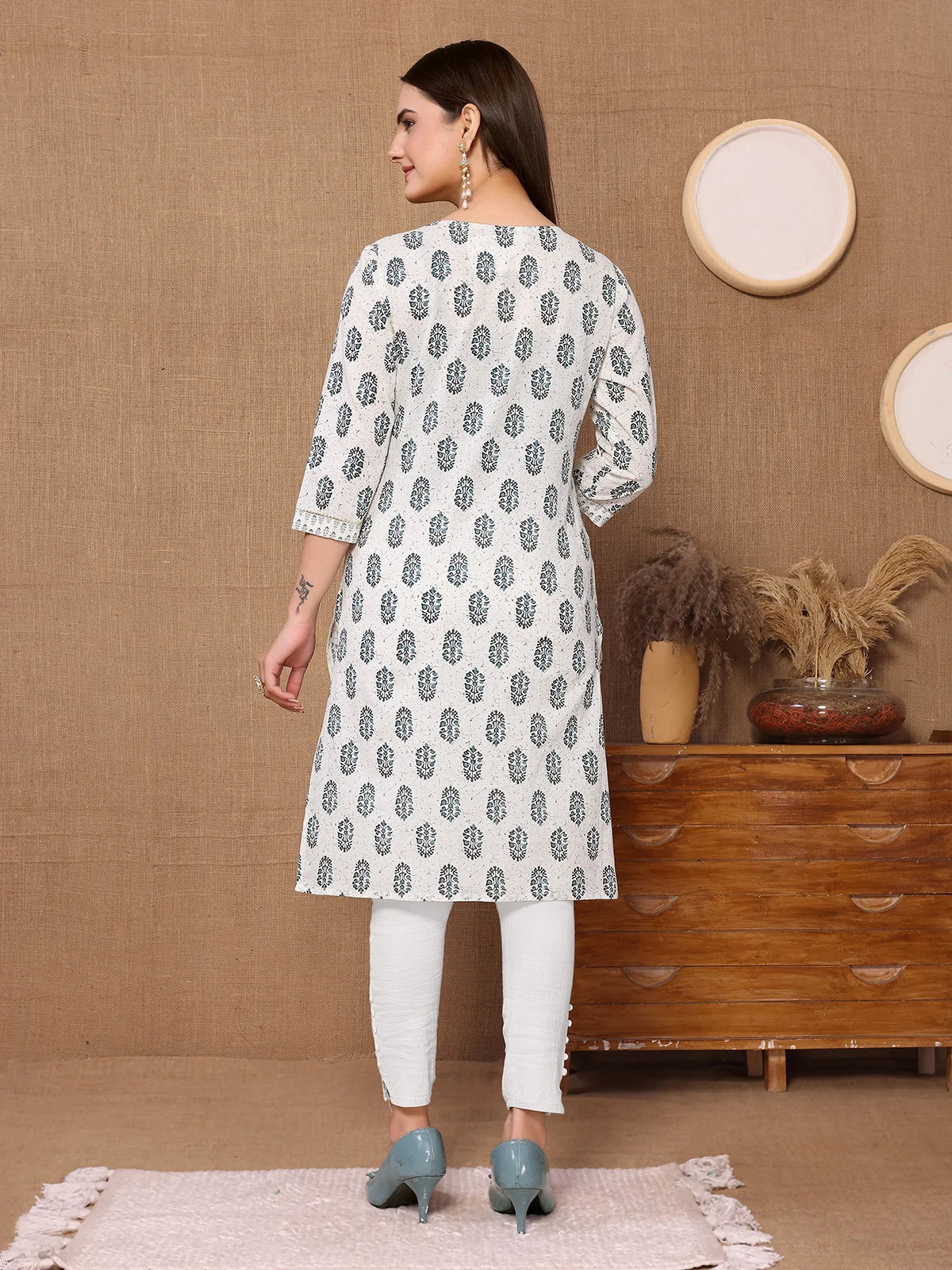 Buy Cotton Printed Knee Length Straight Kurta-Off White