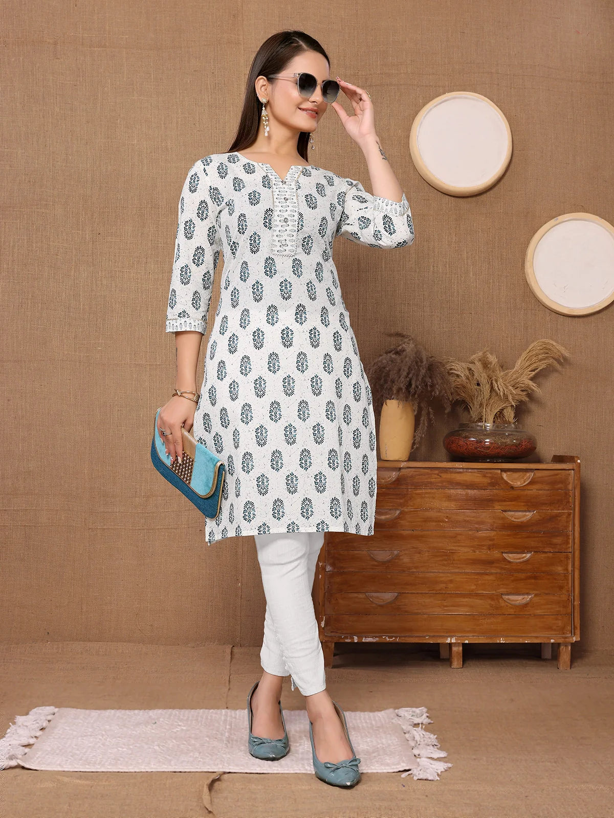 Buy Cotton Printed Knee Length Straight Kurta-Off White