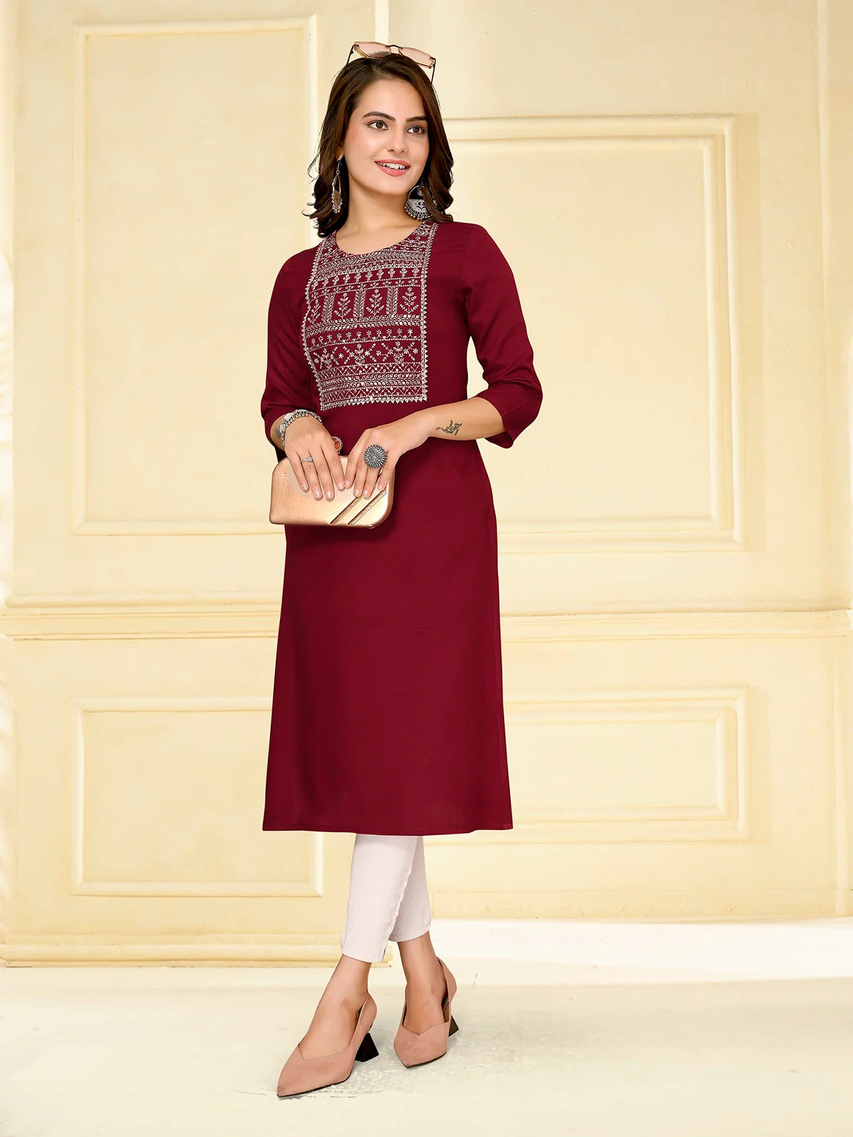 Buy Rayon Embroidered Calf Length Straight Kurta-Maroon