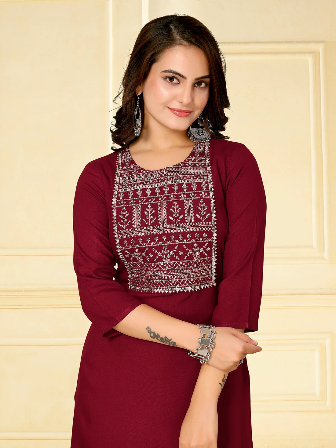 Buy Rayon Embroidered Calf Length Straight Kurta-Maroon