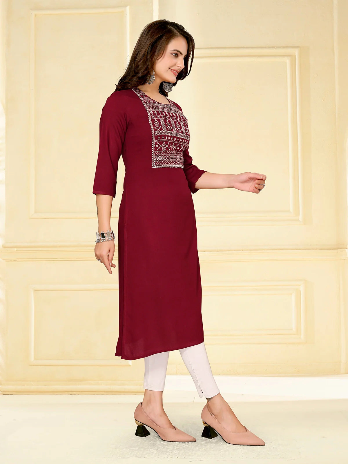 Buy Rayon Embroidered Calf Length Straight Kurta-Maroon