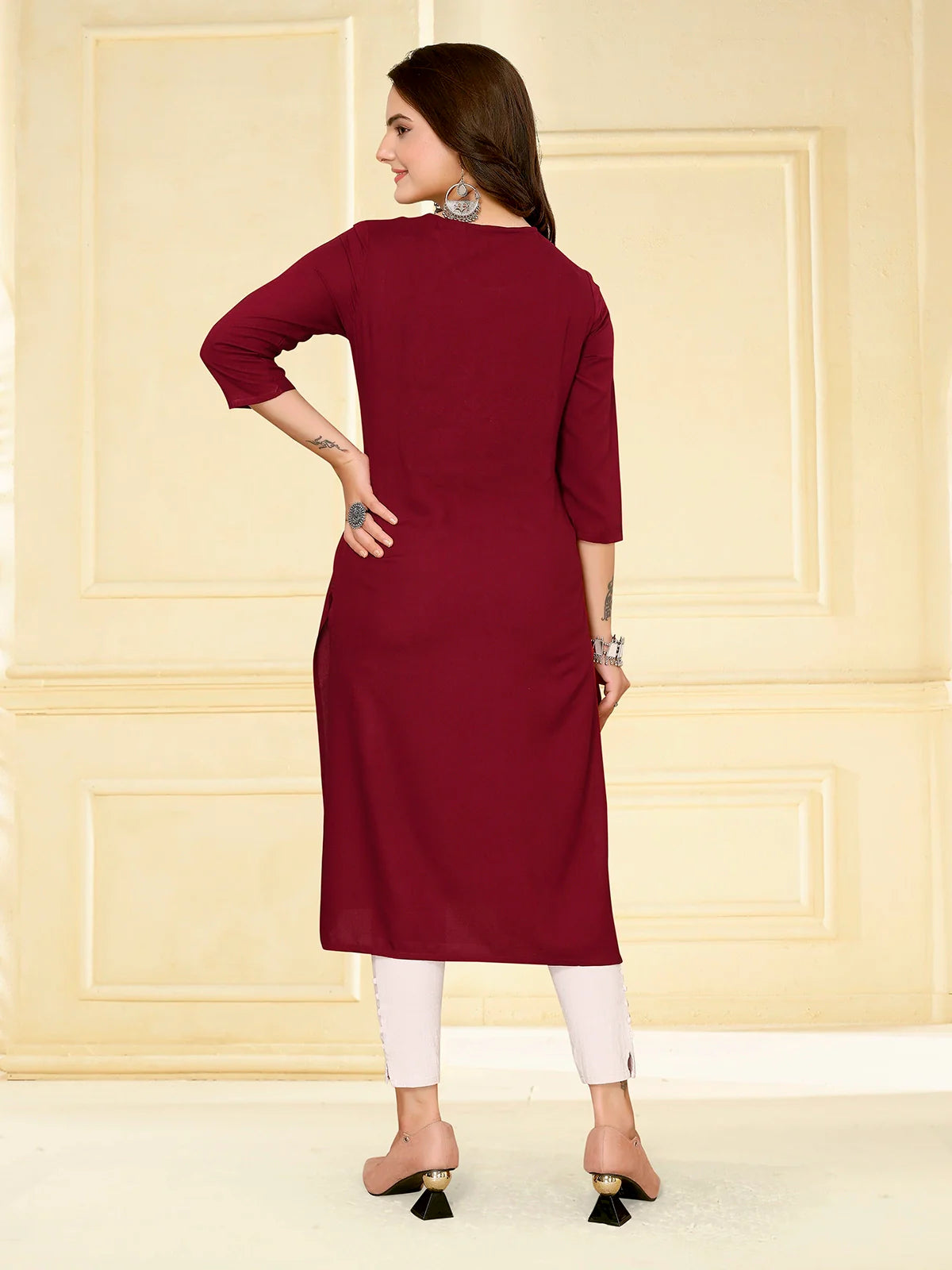 Buy Rayon Embroidered Calf Length Straight Kurta-Maroon