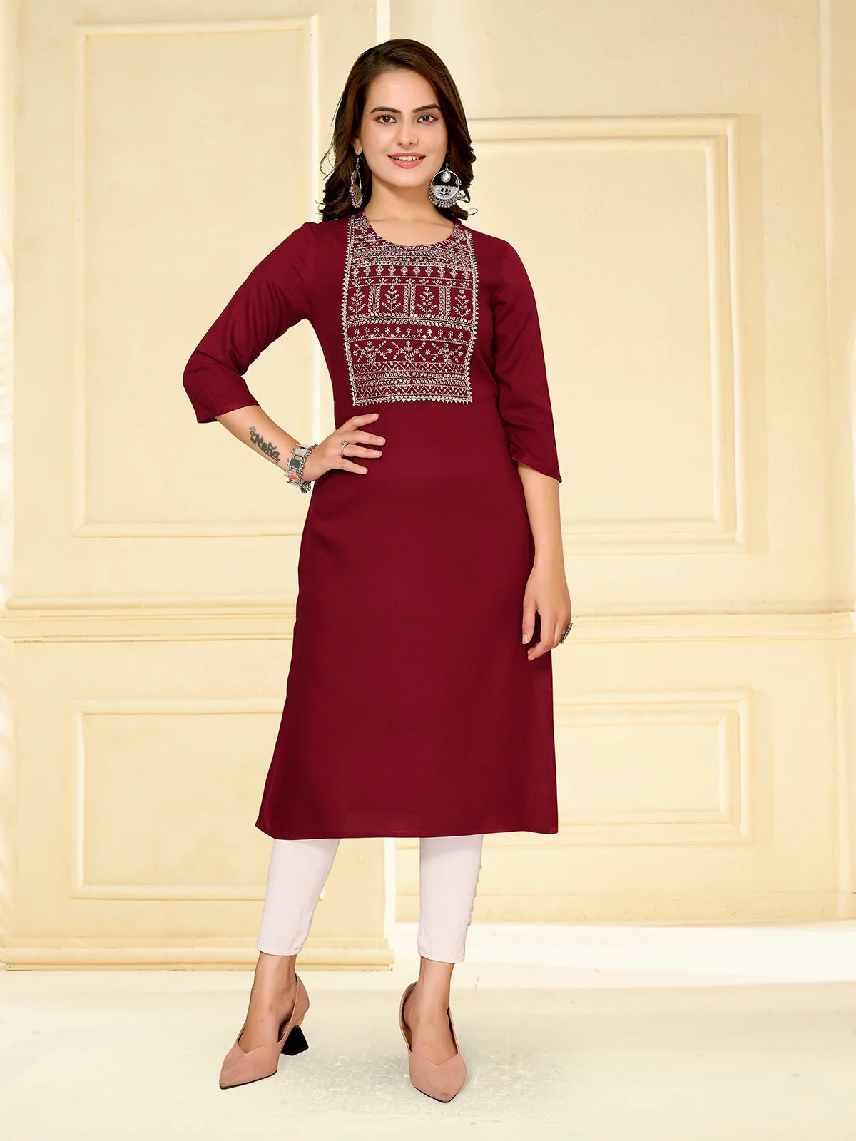 Buy Rayon Embroidered Calf Length Straight Kurta-Maroon