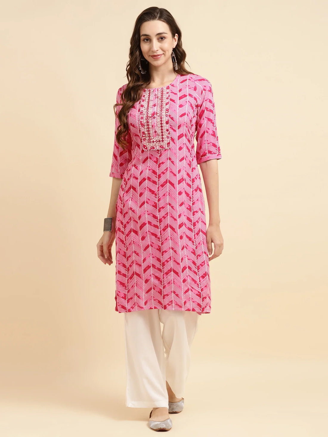 Buy Rayon Calf Length Ethnic Printed Straight Kurta With Pant-Pink