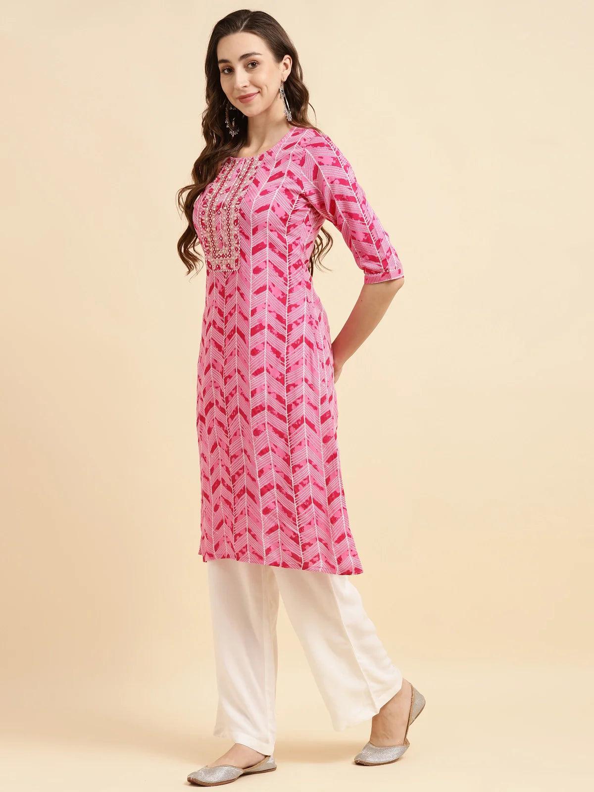 Buy Rayon Calf Length Ethnic Printed Straight Kurta With Pant-Pink