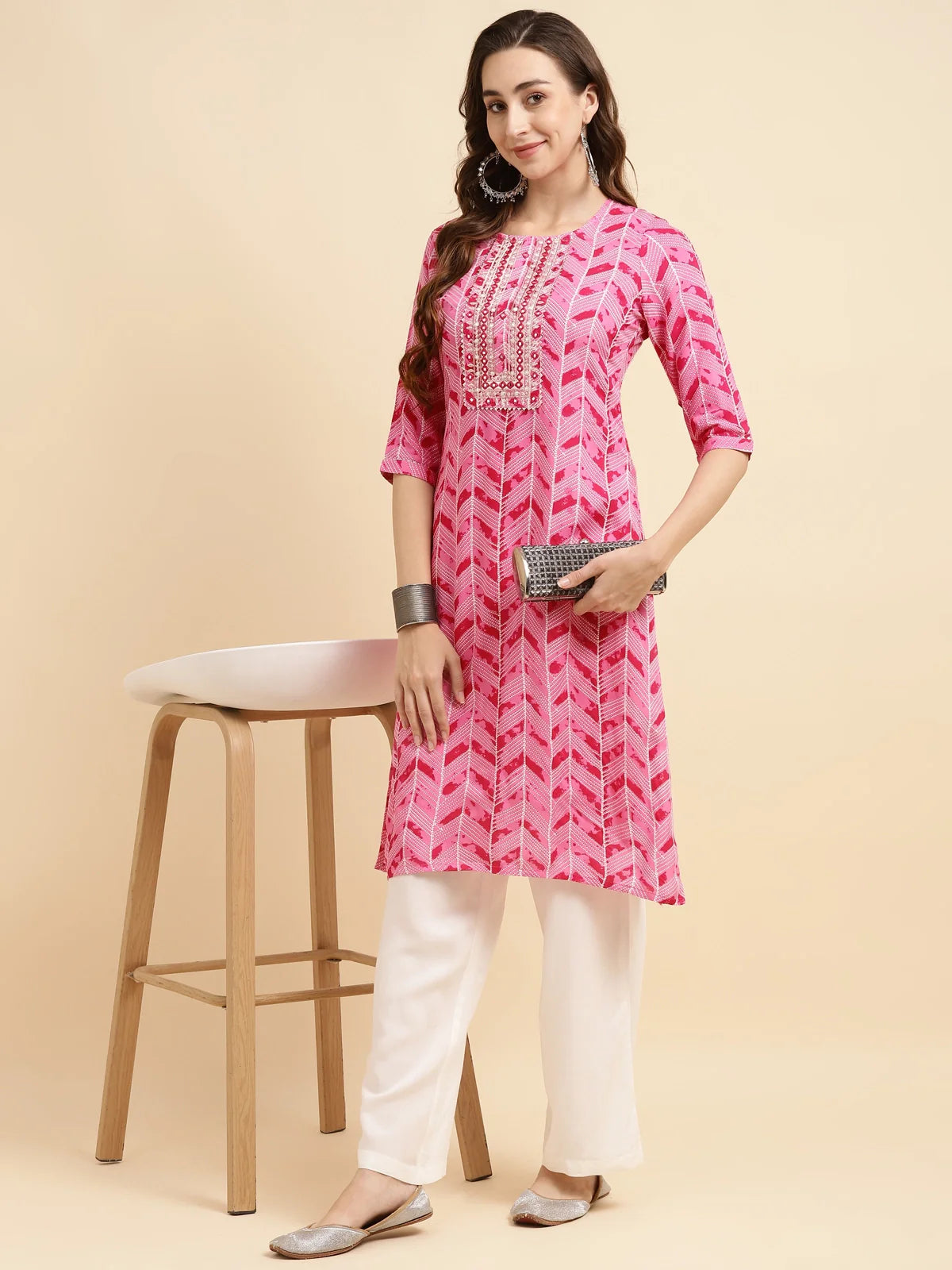 Buy Rayon Calf Length Ethnic Printed Straight Kurta With Pant-Pink