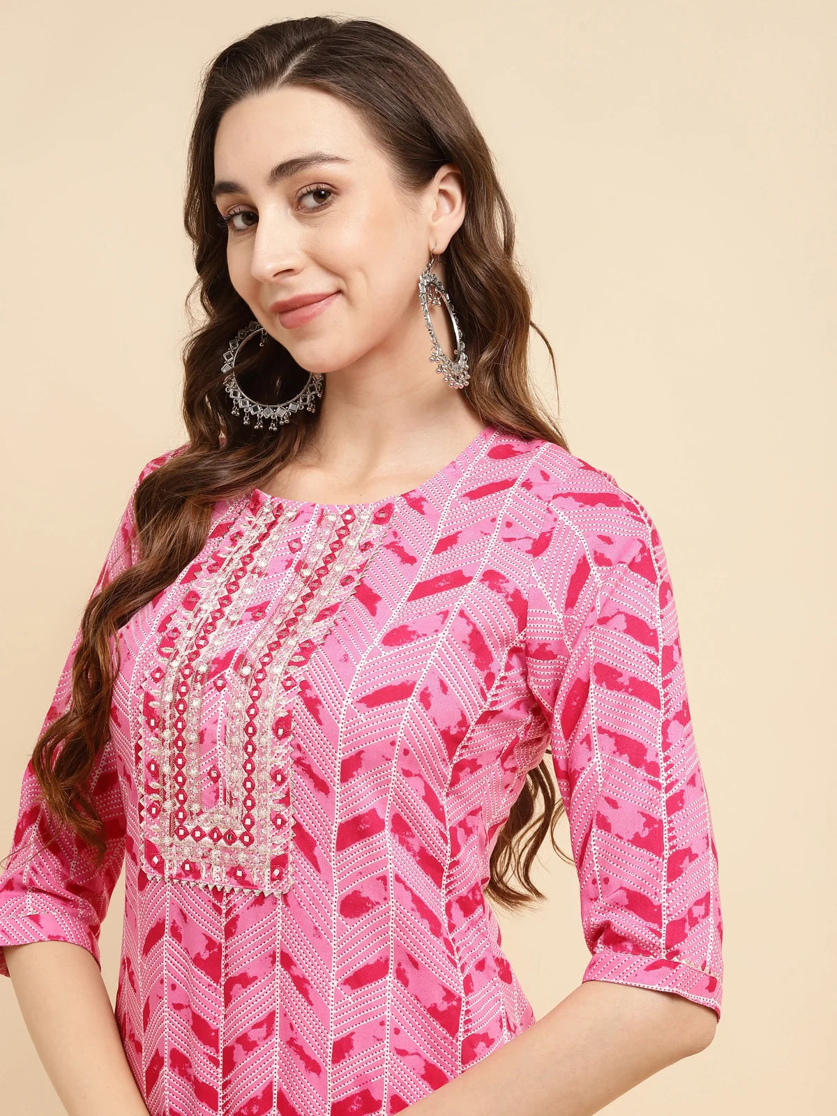 Buy Rayon Calf Length Ethnic Printed Straight Kurta With Pant-Pink