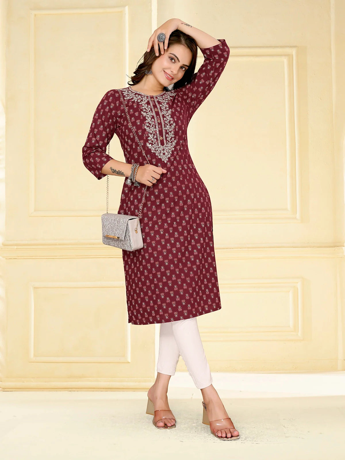 Buy Cotton Embroidered Calf Length Straight Kurta-Maroon