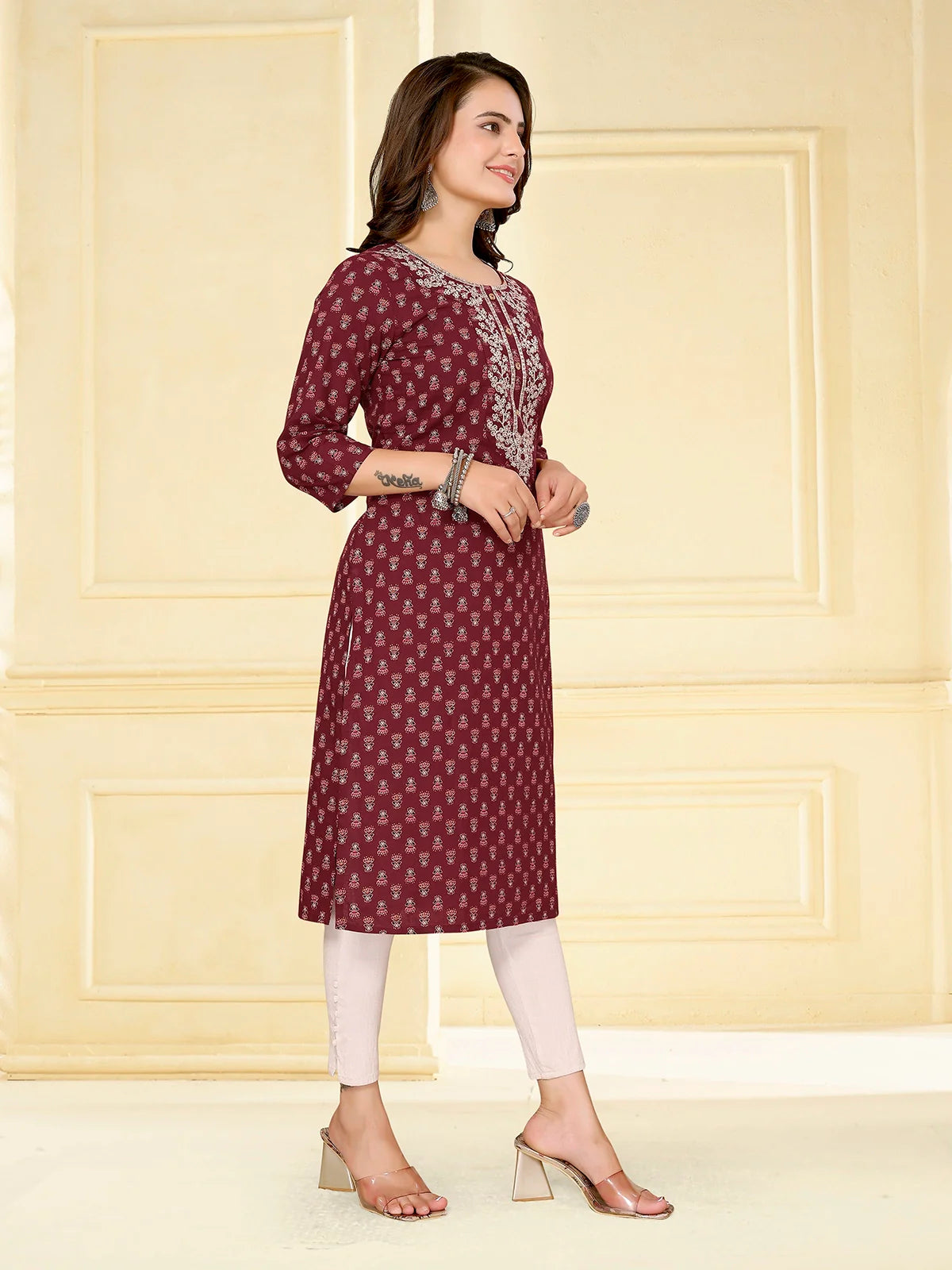 Buy Cotton Embroidered Calf Length Straight Kurta-Maroon