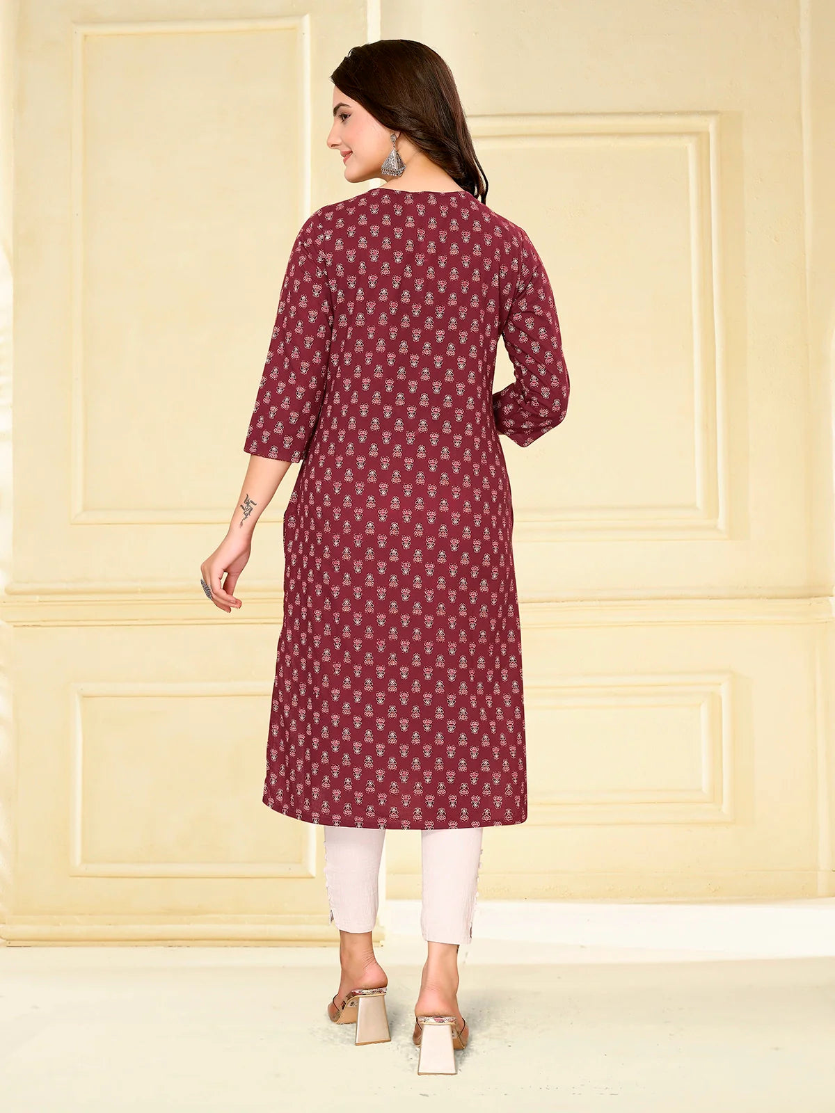 Buy Cotton Embroidered Calf Length Straight Kurta-Maroon