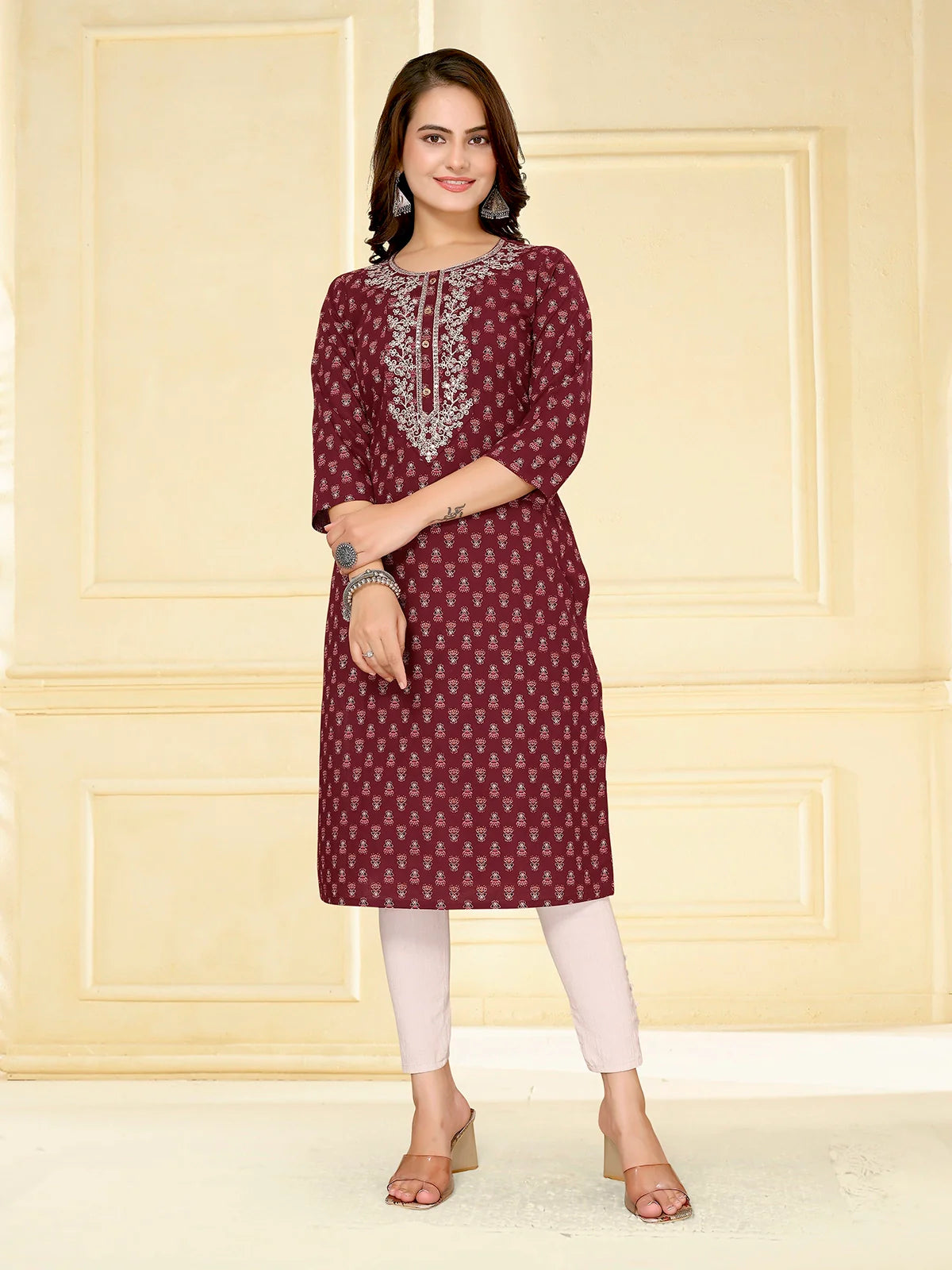 Buy Cotton Embroidered Calf Length Straight Kurta-Maroon