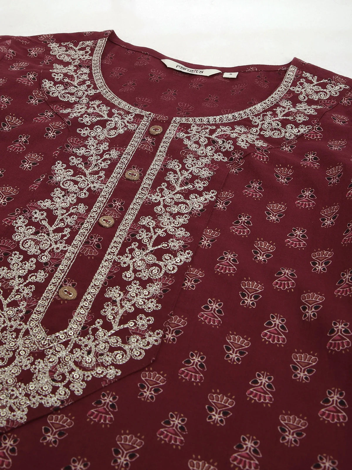 Buy Cotton Embroidered Calf Length Straight Kurta-Maroon