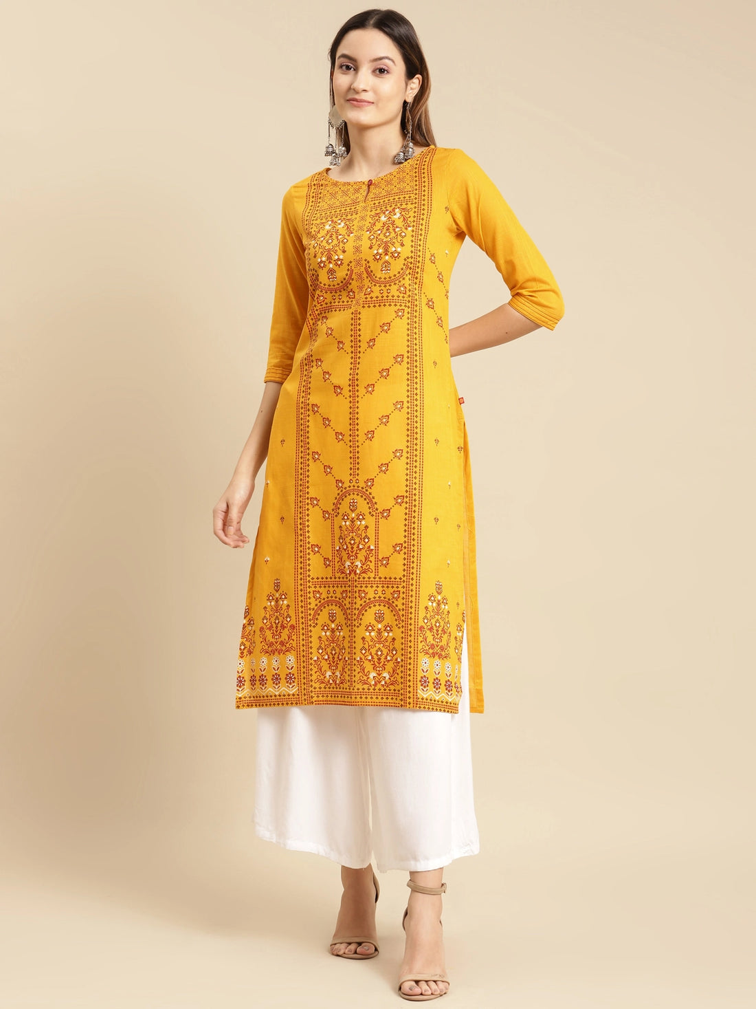 Buy 100% Cotton Panel Printed Calf Length Straight Kurta-Mustard