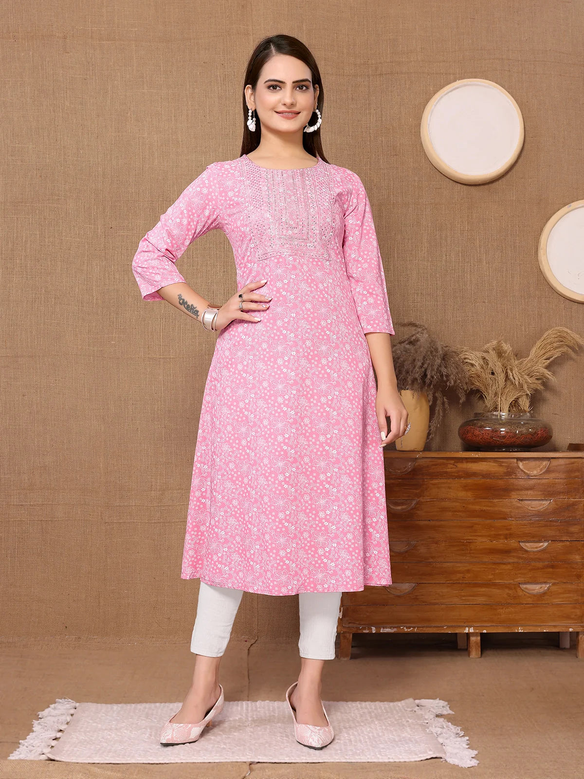 Buy Rayon Embroidered Calf Length A-line Kurta-Pink