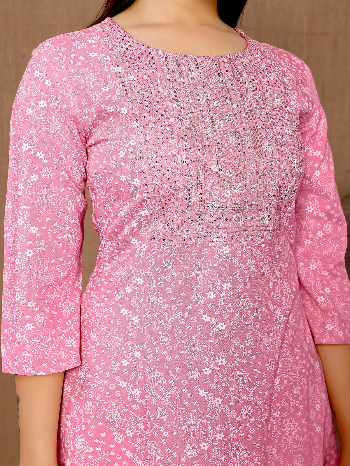 Buy Rayon Embroidered Calf Length A-line Kurta-Pink