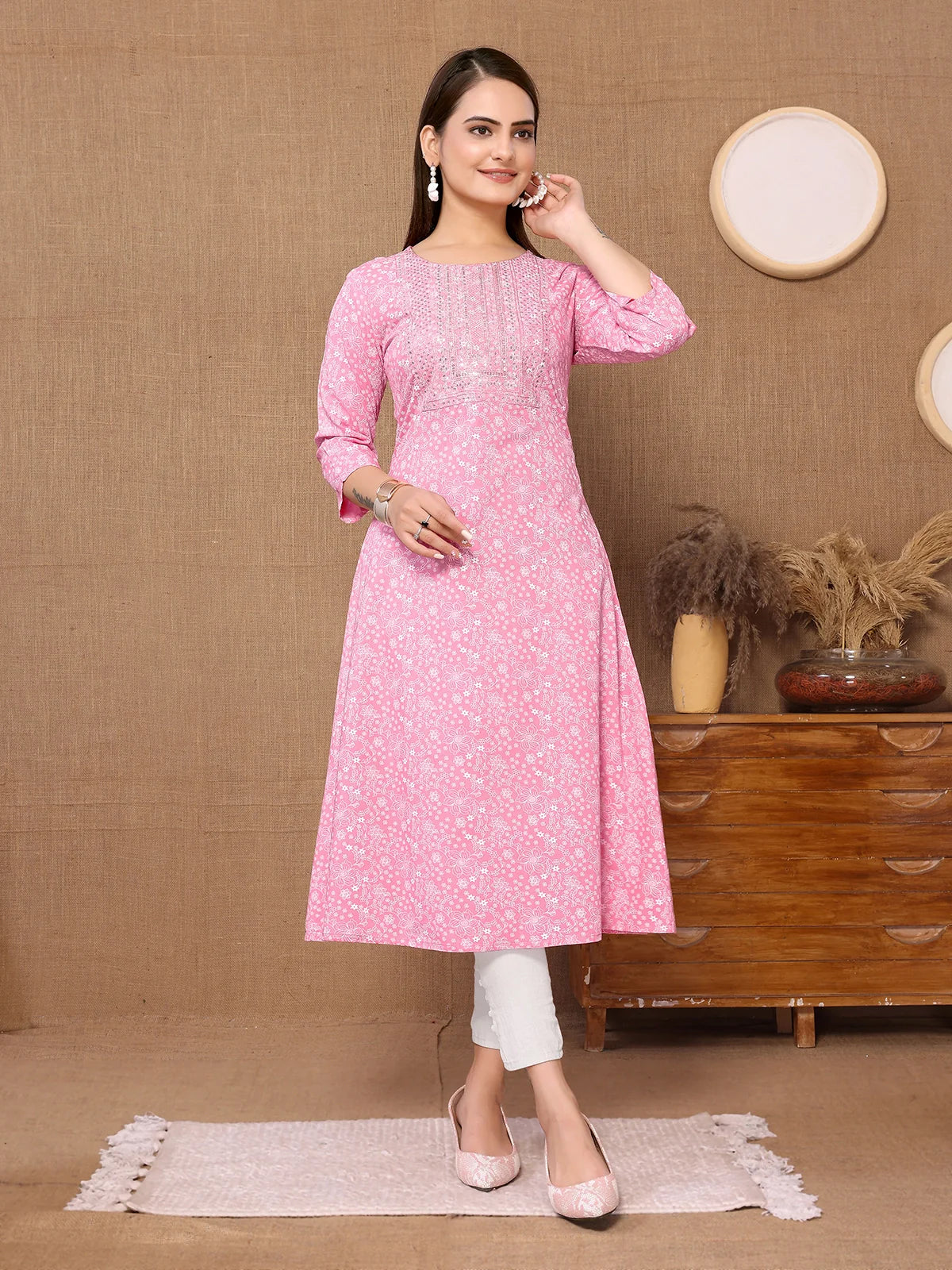 Buy Rayon Embroidered Calf Length A-line Kurta-Pink