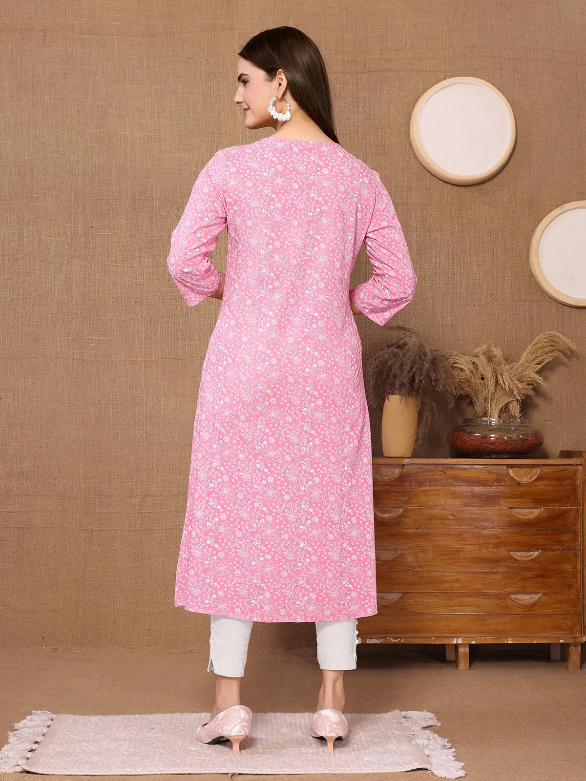 Buy Rayon Embroidered Calf Length A-line Kurta-Pink