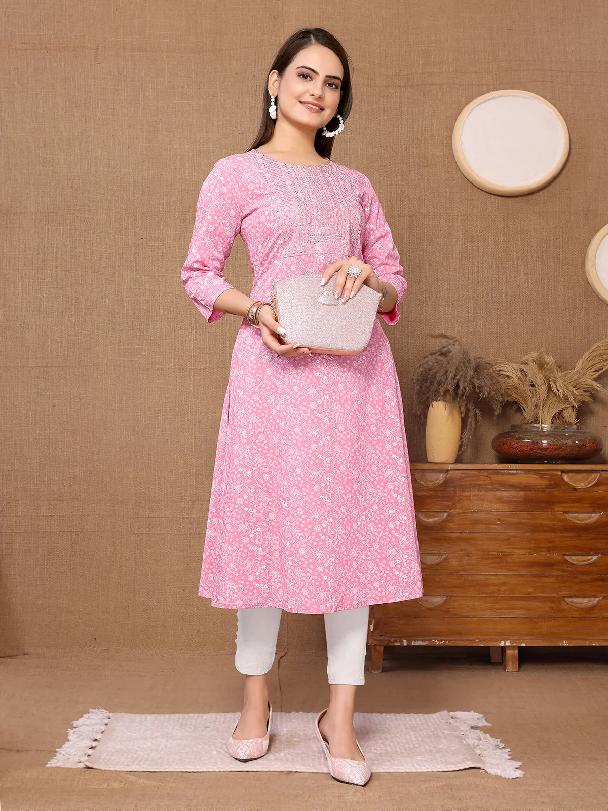 Buy Rayon Embroidered Calf Length A-line Kurta-Pink