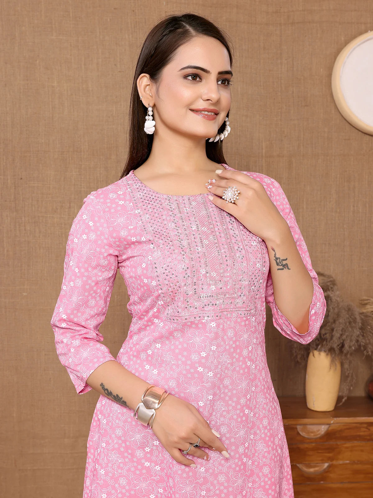 Buy Rayon Embroidered Calf Length A-line Kurta-Pink