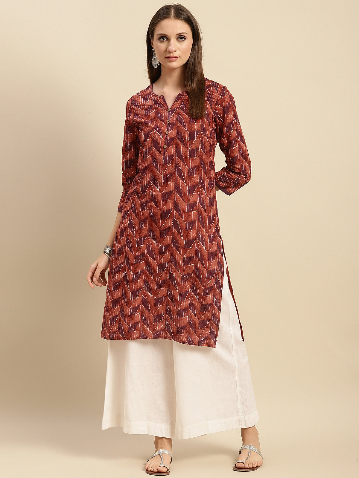 Buy 100% Cotton Geometric Printed Knee Length Straight Kurta-Peach