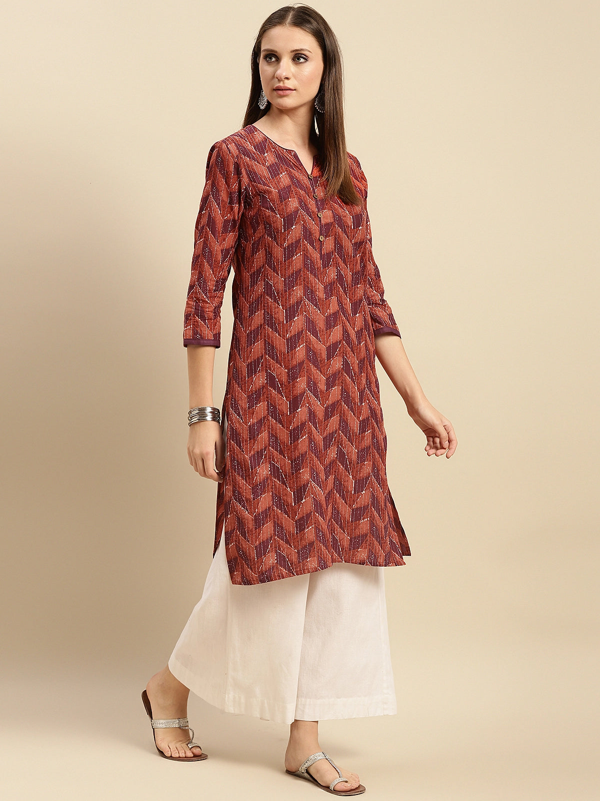 Buy 100% Cotton Geometric Printed Knee Length Straight Kurta-Peach