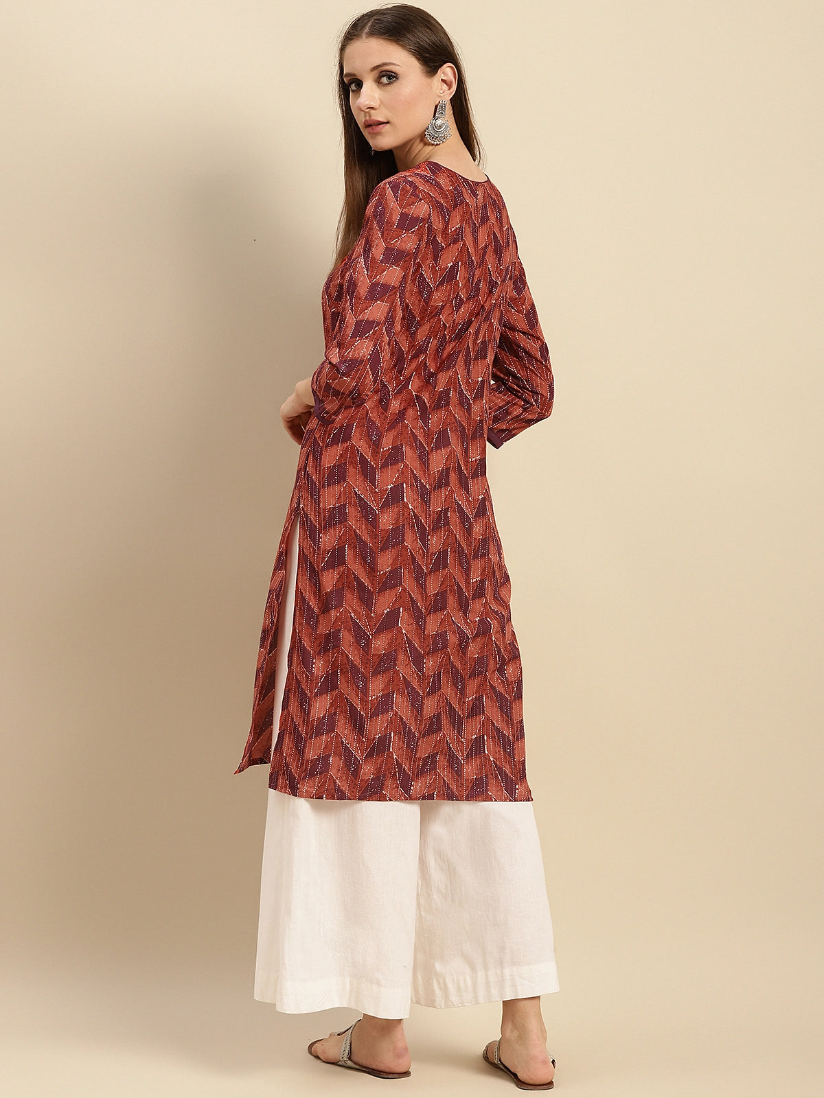 Buy 100% Cotton Geometric Printed Knee Length Straight Kurta-Peach