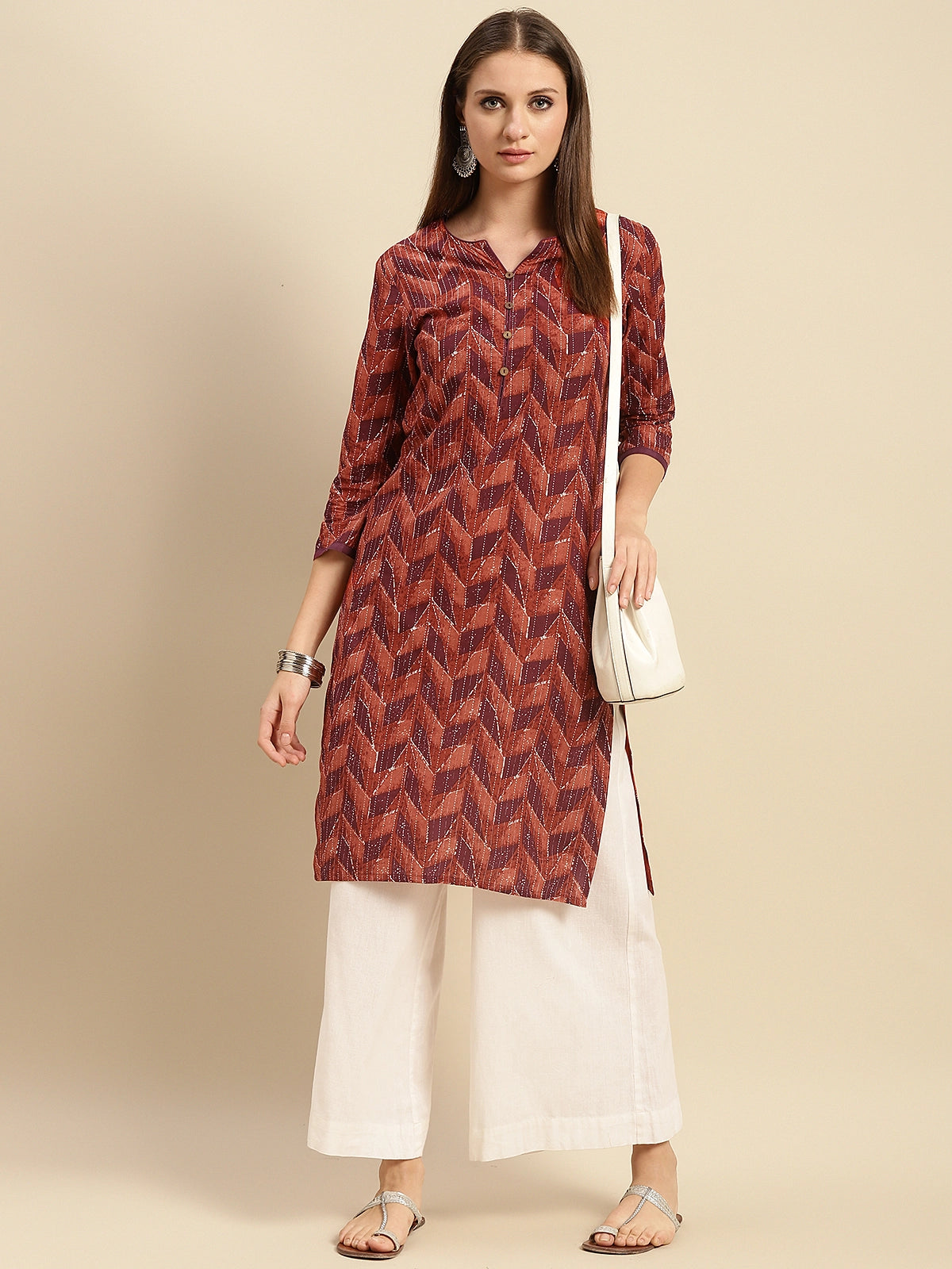 Buy 100% Cotton Geometric Printed Knee Length Straight Kurta-Peach