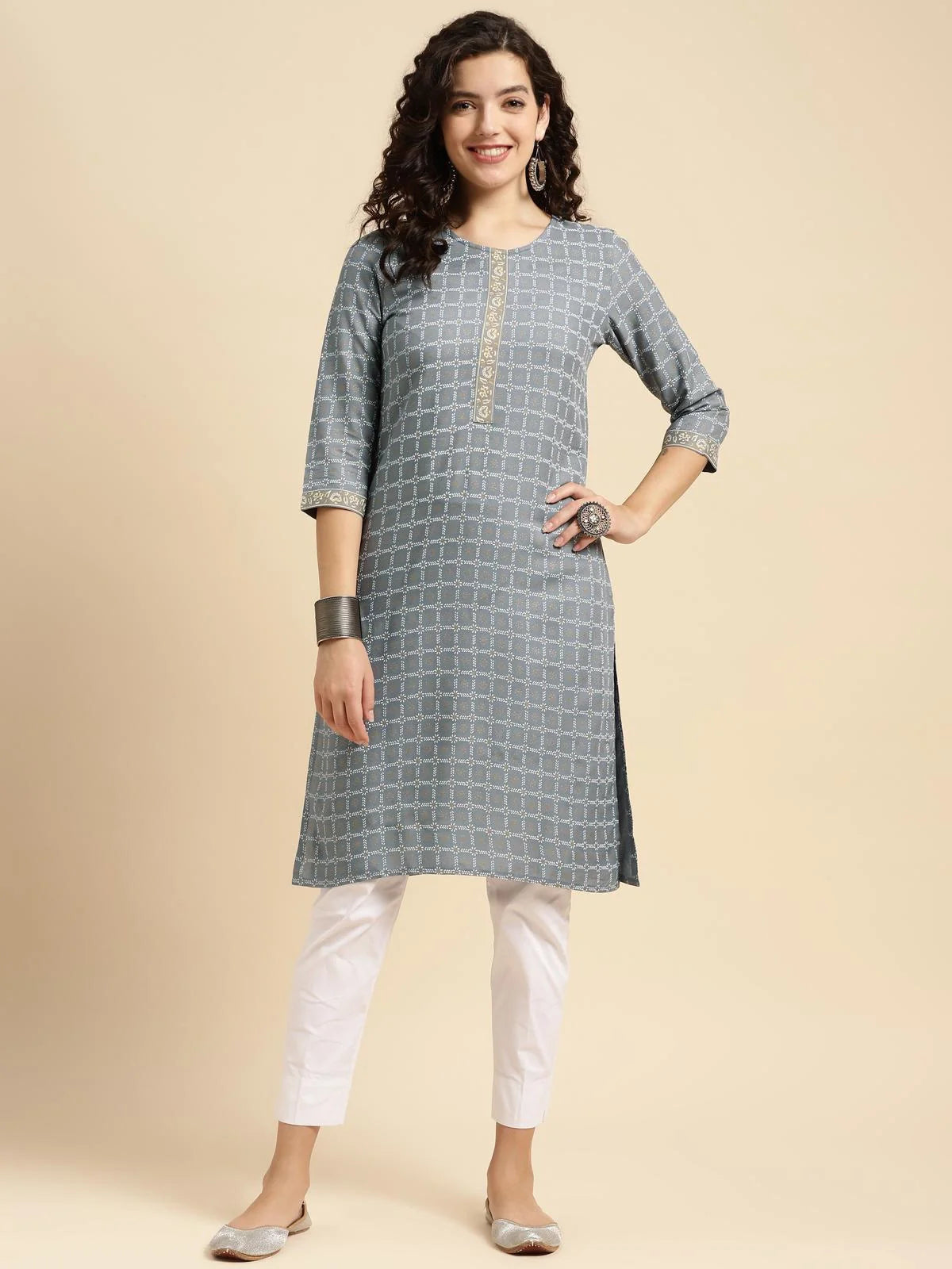 Buy Rayon Ethnic Printed Knee Length Straight Kurta-Dark Grey