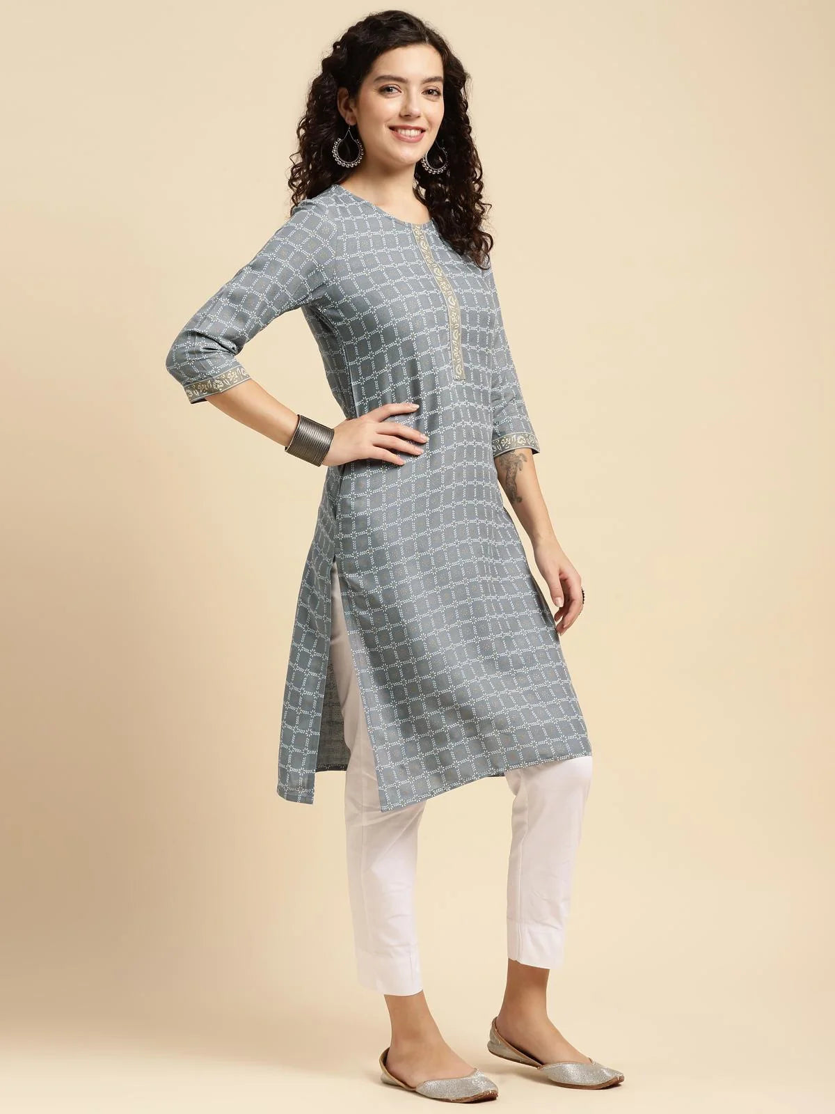 Buy Rayon Ethnic Printed Knee Length Straight Kurta-Dark Grey