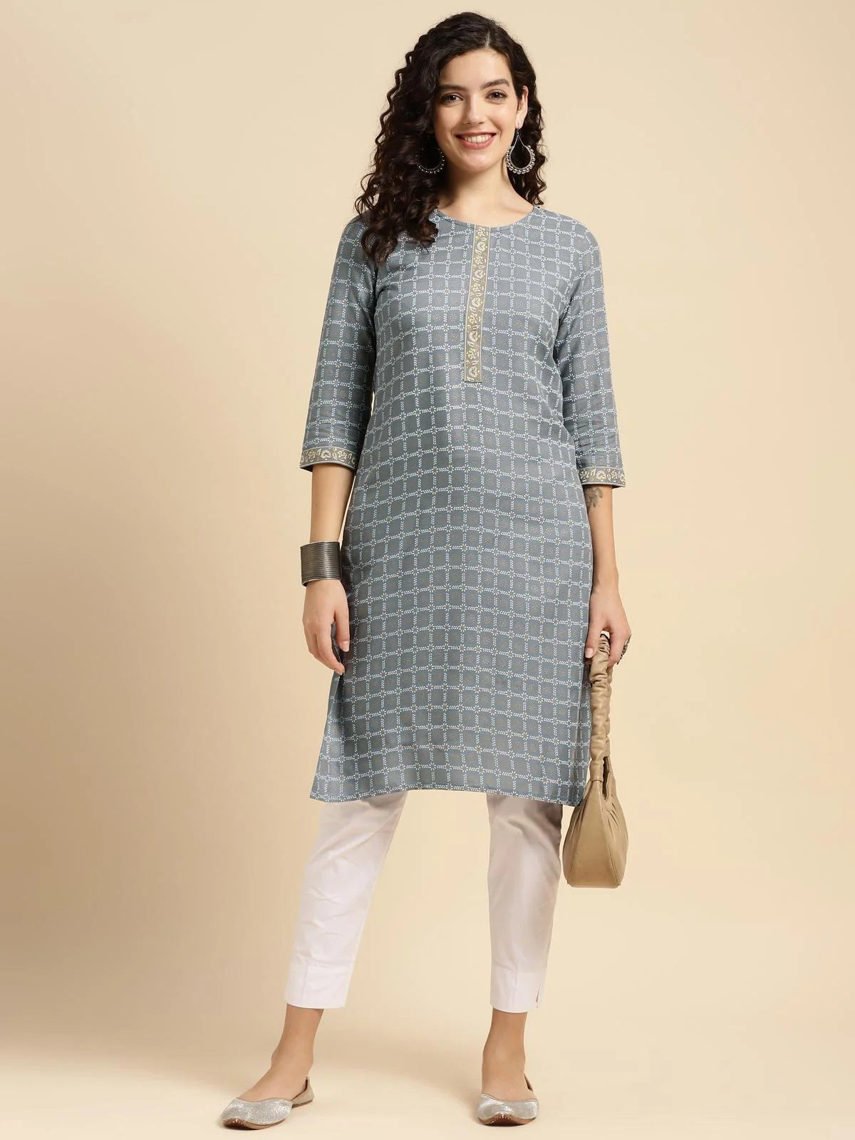 Buy Rayon Ethnic Printed Knee Length Straight Kurta-Dark Grey