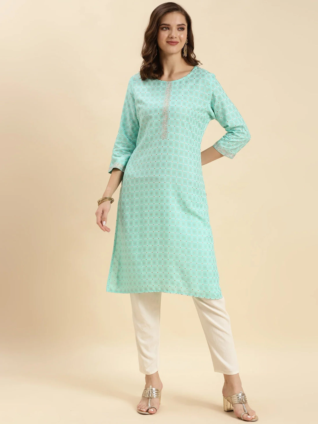 Buy Rayon Ethnic Printed Knee Length Straight Kurta-Sea Green