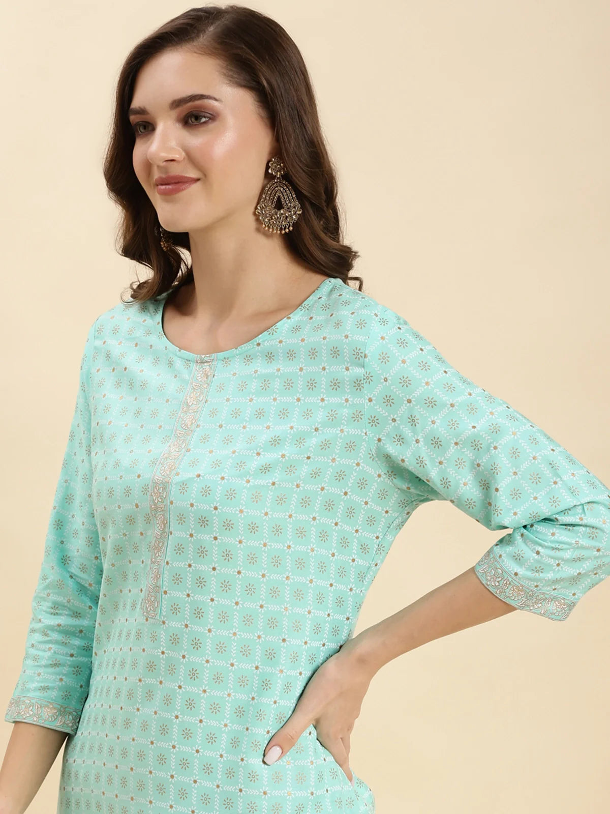 Buy Rayon Ethnic Printed Knee Length Straight Kurta-Sea Green