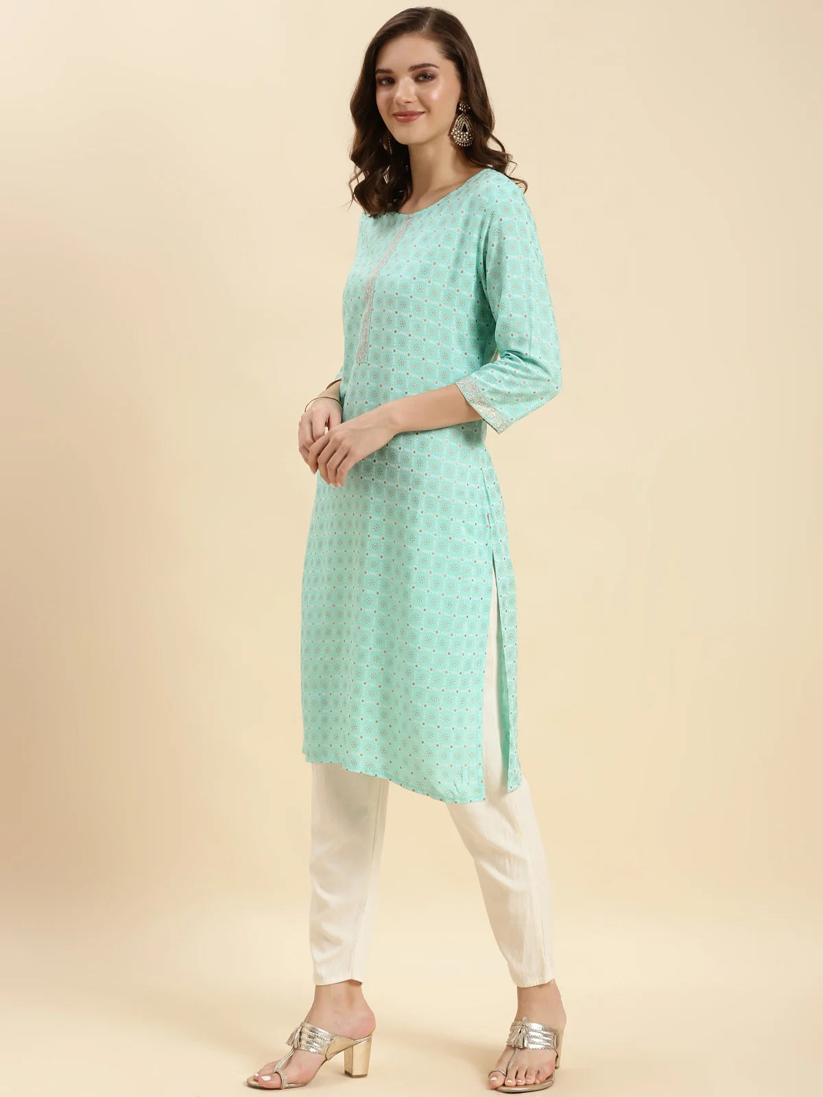 Buy Rayon Ethnic Printed Knee Length Straight Kurta-Sea Green