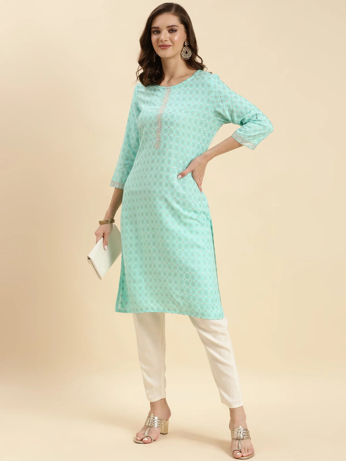 Buy Rayon Ethnic Printed Knee Length Straight Kurta-Sea Green