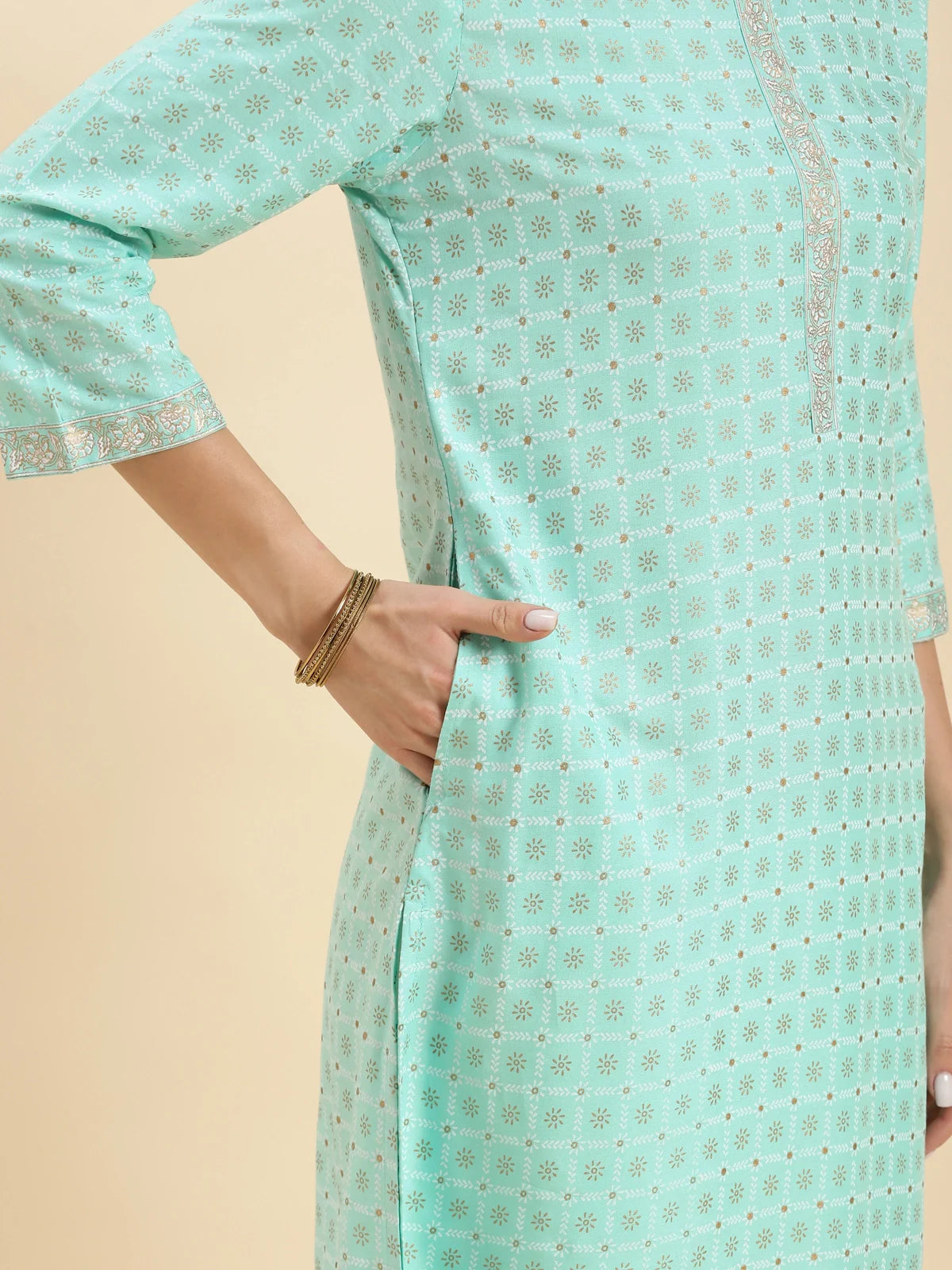 Buy Rayon Ethnic Printed Knee Length Straight Kurta-Sea Green