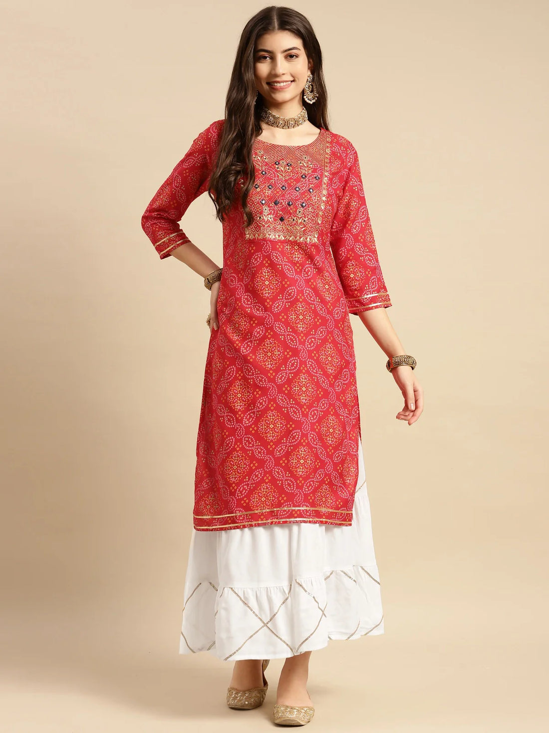 Buy Rayon Yoke Embroidery Bandhej Print Calf Length Partywear Straight Kurta With Sharara Set-Red