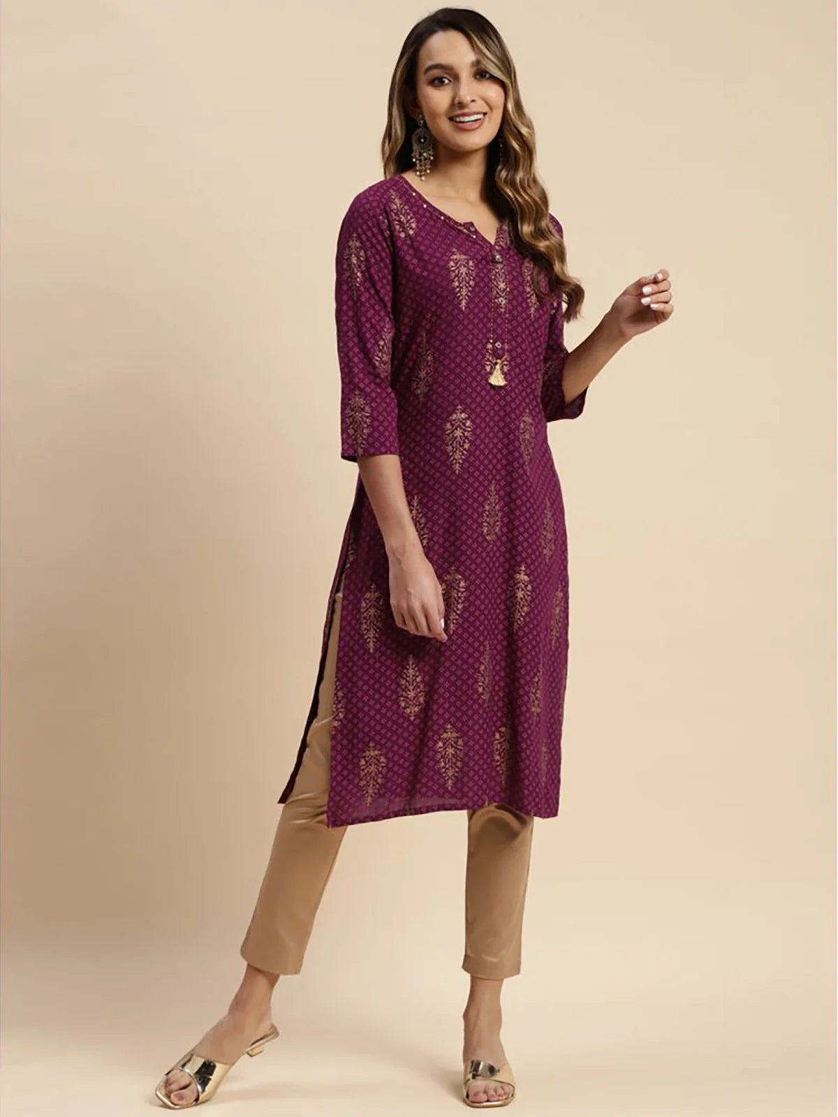 Buy Rayon All Over Gold Ethnic Printed Calf Length Straight Kurta-Magenta