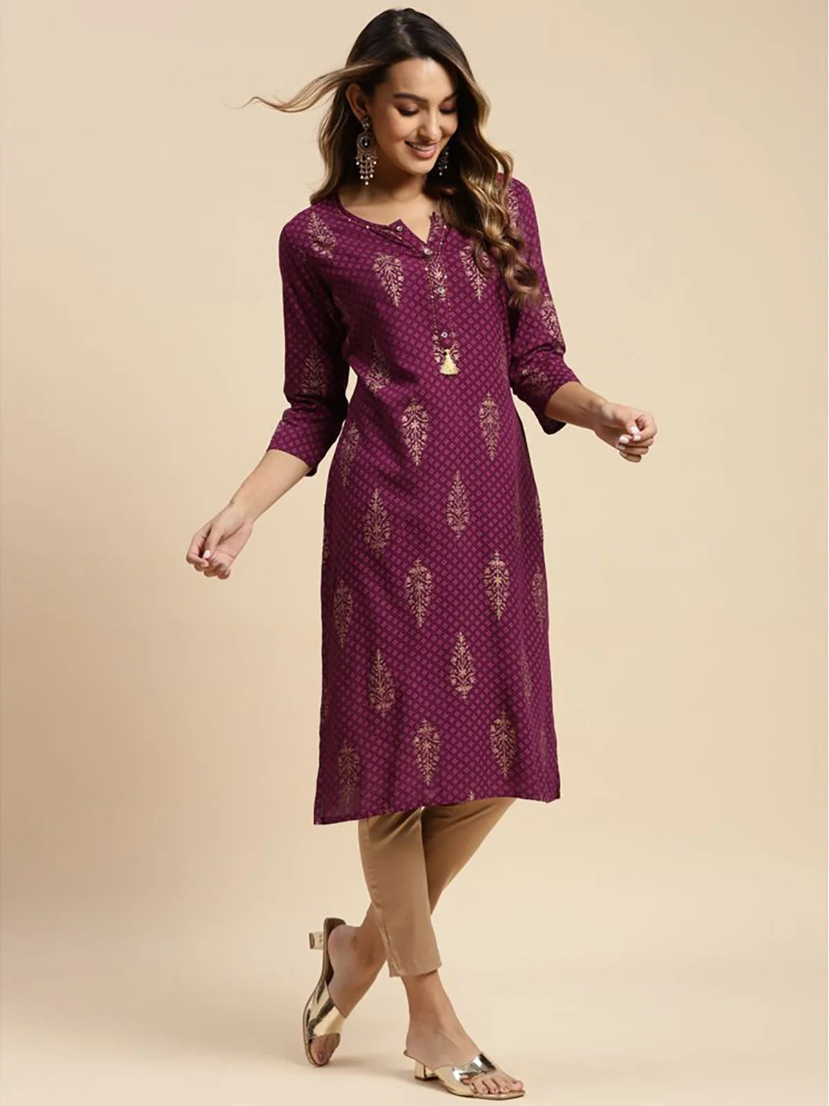 Buy Rayon All Over Gold Ethnic Printed Calf Length Straight Kurta-Magenta