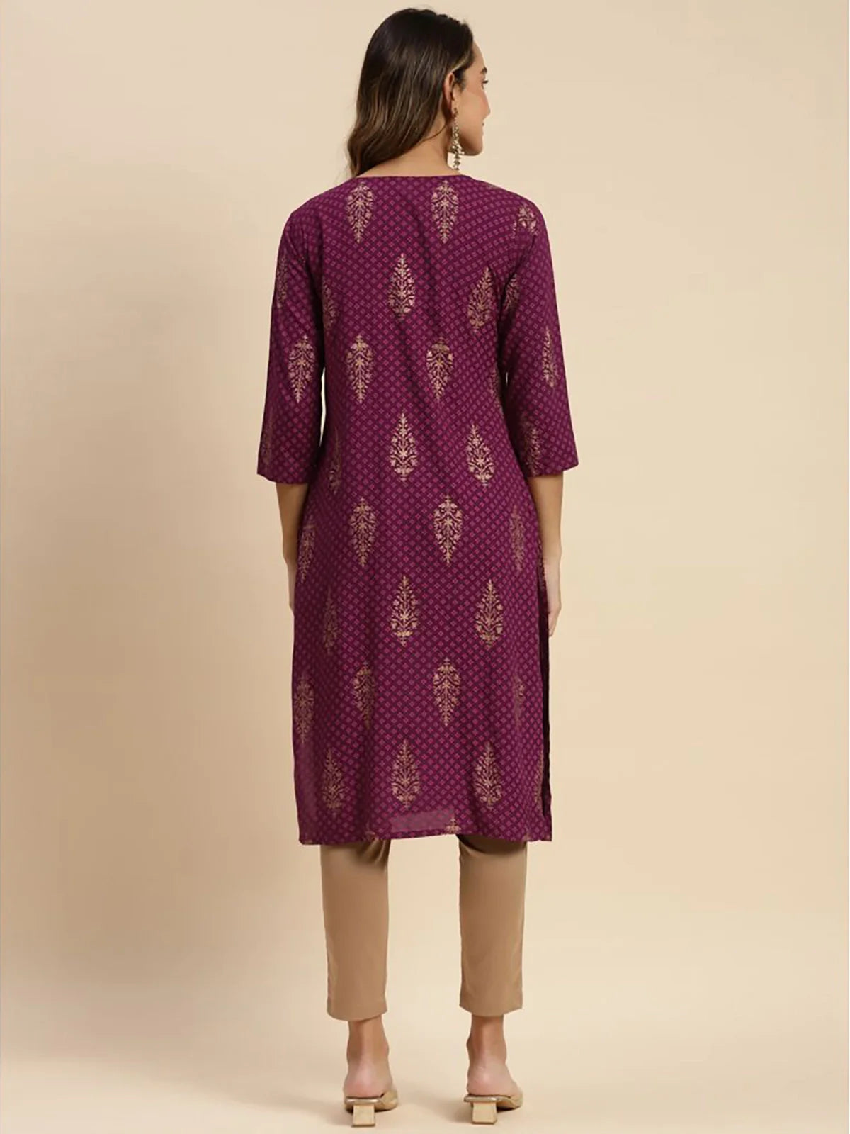 Buy Rayon All Over Gold Ethnic Printed Calf Length Straight Kurta-Magenta