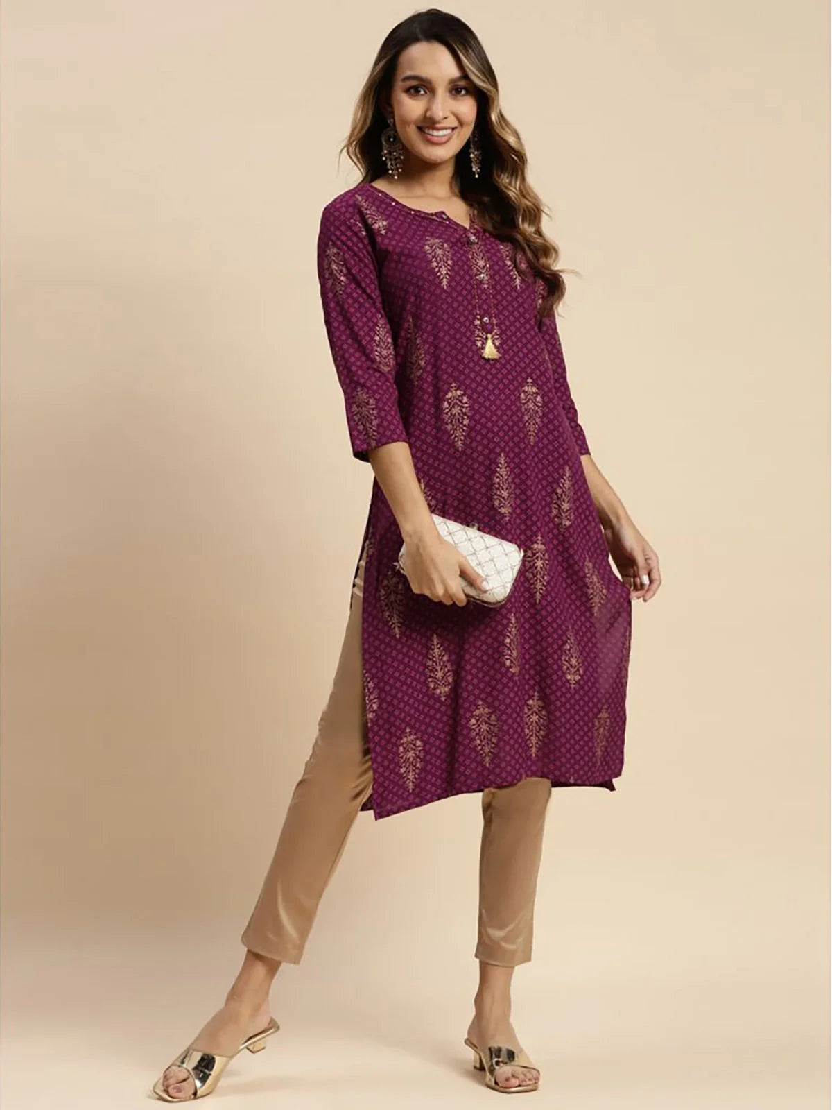 Buy Rayon All Over Gold Ethnic Printed Calf Length Straight Kurta-Magenta