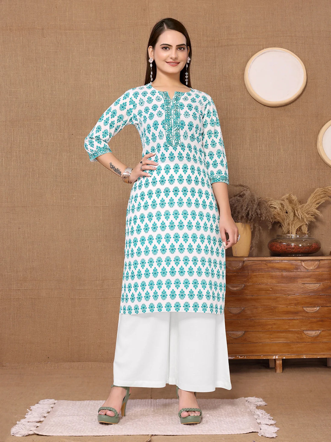 Buy Cotton Embroidered Knee Length Straight Kurta-Turquoise