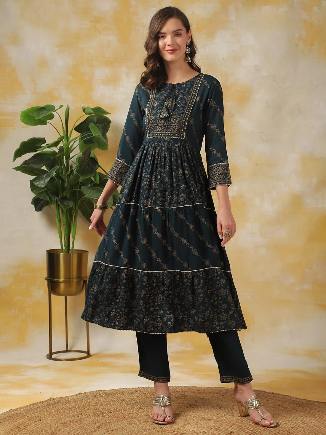 Buy Rayon Embellished Calf Length Anarkali Kurta With Pant-Teal