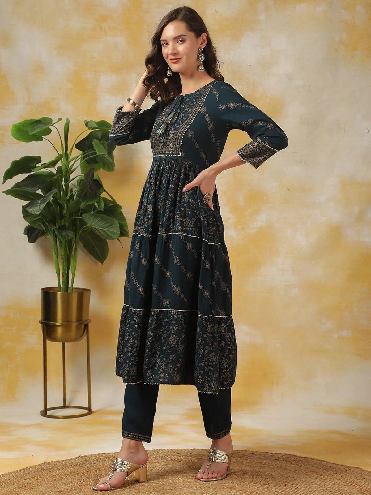 Buy Rayon Embellished Calf Length Anarkali Kurta With Pant-Teal