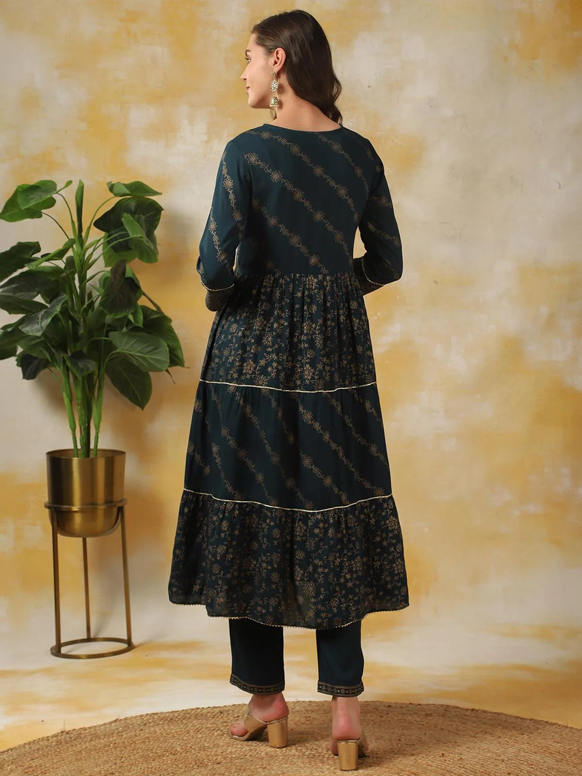 Buy Rayon Embellished Calf Length Anarkali Kurta With Pant-Teal