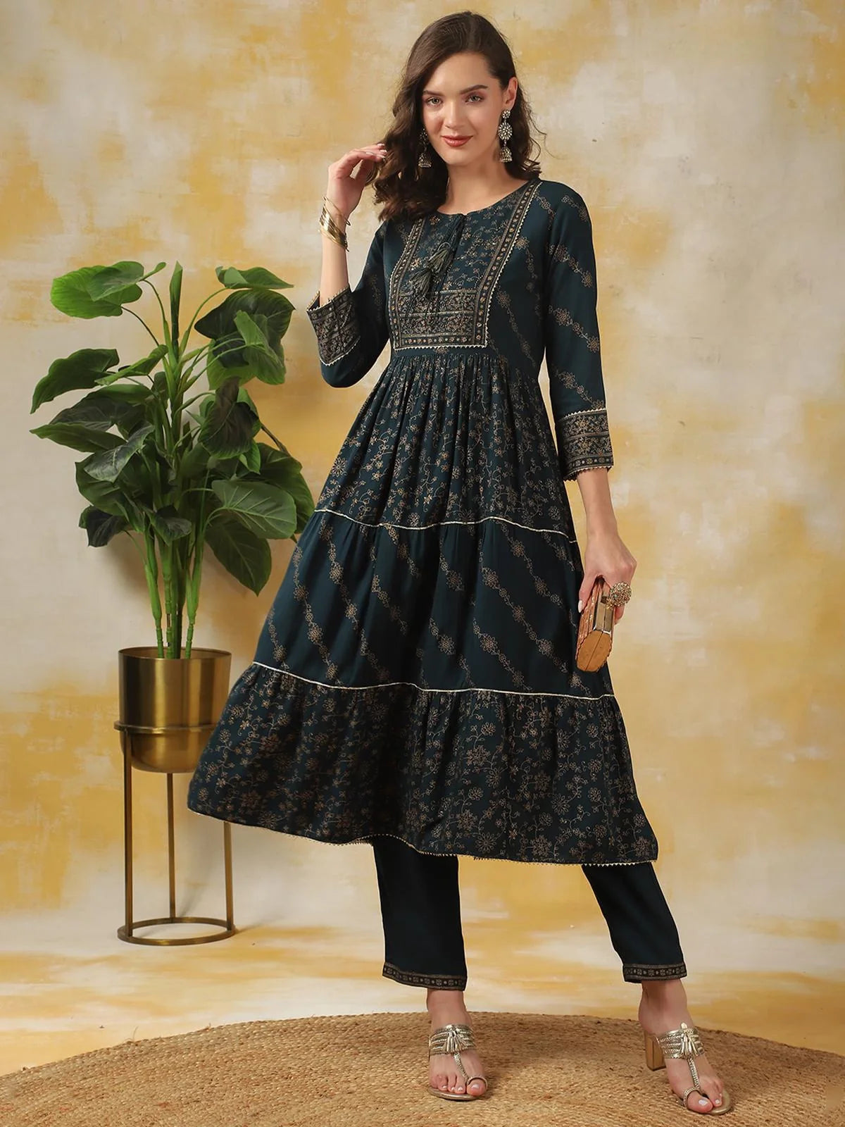 Buy Rayon Embellished Calf Length Anarkali Kurta With Pant-Teal