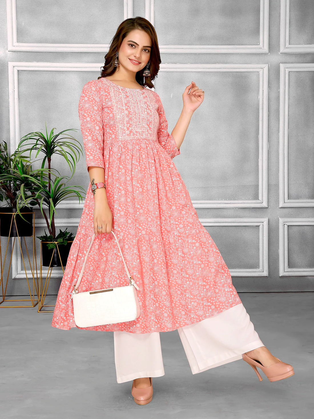 Buy Rayon Embroidered Calf Length Tiered Flared Kurta-Peach