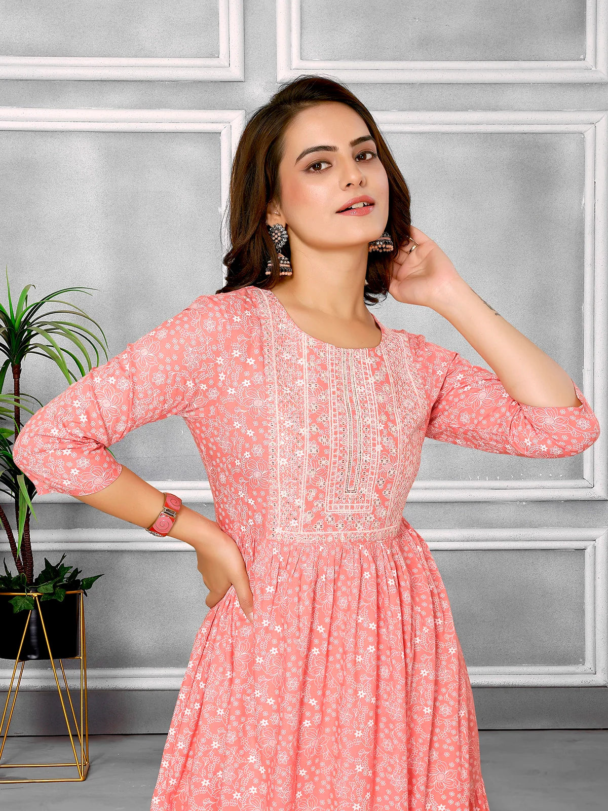 Buy Rayon Embroidered Calf Length Tiered Flared Kurta-Peach