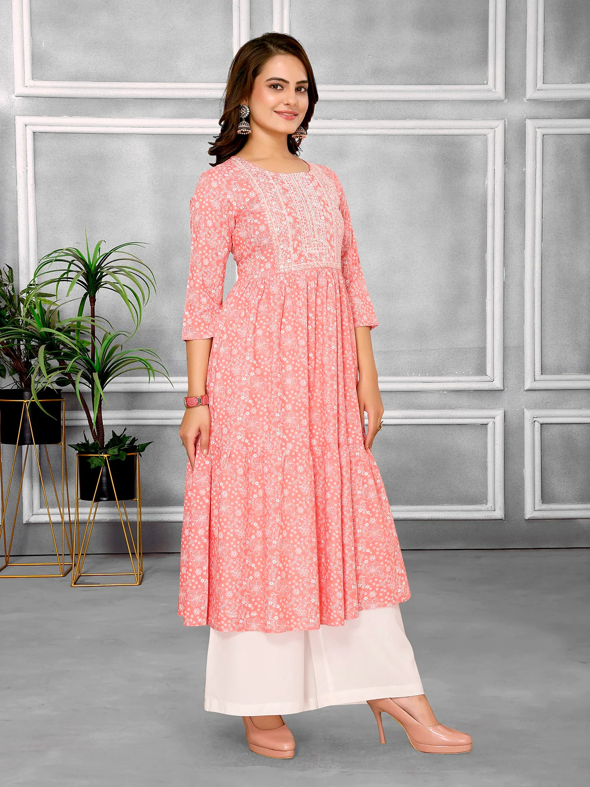 Buy Rayon Embroidered Calf Length Tiered Flared Kurta-Peach